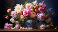 bouquet of various colored peonies arranged in an antique vase, AI Generative Royalty Free Stock Photo