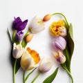 bouquet of various flowers on dark background Top view flat lay card with tulips flowers