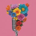 A bouquet of flowers in a microphone on a pink background. Royalty Free Stock Photo