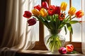 Bouquet of Vibrant Tulips - Dew-Kissed Petals Nestled in a Crystal Vase, Sunlight Filtering Through