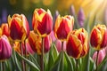 Bouquet of Vibrant Tulips Embracing the Foreground - Soft Pastel Background Contrasting the Sharpness