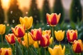 Bouquet of Vibrant Tulips Embracing the Foreground - Soft Pastel Background Contrasting the Sharpness