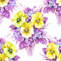Bouquet with violet pansies and yellow primrose watercolor illustration, seamless pattern