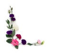 Bouquet of violet, white, pink and red flowers Eustoma  Texas bluebells, bluebell, lisianthus, prairie gentian  and pink rose on Royalty Free Stock Photo
