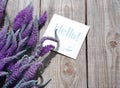 Bouquet of violet wild summer flowers and the blue card with the inscription Hello! Royalty Free Stock Photo