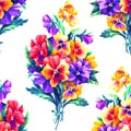 Bouquet with violet and yellow pansies watercolor hand painted illustration, seamless pattern
