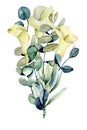 Bouquet of watercolor white callas flowers and eucalyptus branches