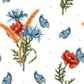 A bouquet of wheat, poppies and cornflower. Seamless watercolor pattern with red poppy flowers and ears of wheat Royalty Free Stock Photo