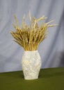 bouquet of wheat spikes in a paper vase. handmade still life. Royalty Free Stock Photo