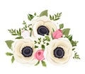 Bouquet of white anemone flowers and pink rosebuds. Vector illustration.