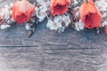 Bouquet with white apricot flowers and red tulips on the background of old, wooden boards. Place for text Royalty Free Stock Photo