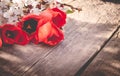 Bouquet with white apricot flowers and red tulips on the background of old, wooden boards. Place for text Royalty Free Stock Photo