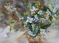 Bouquet of white blossom jasmine in a glass watercolor painting