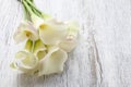 Bouquet of white calla flowers (Zantedeschia) on white wooden ta