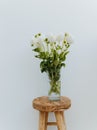 Bouquet of white dahlia flowers in glass vase on an wood vintage stool against the white wall Royalty Free Stock Photo