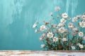 a bouquet of white daisies, white green wildflowers, on a blue wooden background generated by AI, generative assistant, Royalty Free Stock Photo