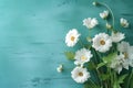 a bouquet of white daisies, white green wildflowers, on a blue wooden background generated by AI, generative assistant, Royalty Free Stock Photo