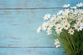 a bouquet of white daisies, white green wildflowers, on a blue wooden background generated by AI, generative assistant Royalty Free Stock Photo