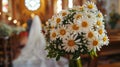 Bouquet of Daisies in Church Aisle Royalty Free Stock Photo