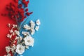 a bouquet of white daisies, red wildflowers, on a blue wooden background generated by AI, generative assistant, Royalty Free Stock Photo