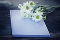 Bouquet of white daisy flowers on blue book background on classic rustic wooden table. Floral and notebook cover on vintage. Royalty Free Stock Photo