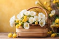 bouquet of White flowers in the basket on yellow background