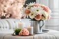 Bouquet of white flowers in a vase, candles on vintage copper tray, wedding home decor on a table Royalty Free Stock Photo