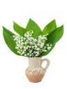 bouquet of white forest lilies of the valley with leaves in a ceramic vase Royalty Free Stock Photo