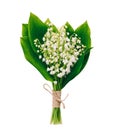 Bouquet of white fragrant flowers forest lilies with green leaves isolated on white