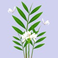 Bouquet with white lilies and butterflies on a purple background. Royalty Free Stock Photo
