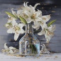 bouquet of white lilies in a glass vase depicted in watercolor, hand drawn illustration, watercolor card Royalty Free Stock Photo