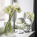 Bouquet of white lilies in a tall glass vase on a beige table against a gray wall. Copy space. Fresh bud Royalty Free Stock Photo