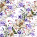 Bouquet white lily with blue bell flowers pattern seamless Royalty Free Stock Photo