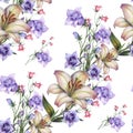 Bouquet white lily with blue bell flowers pattern seamless Royalty Free Stock Photo