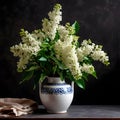 A bouquet of white lush lilacs in a ceramic vase on a table Royalty Free Stock Photo