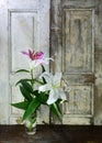 Lily flowers in a vase placed on a wooden window. Royalty Free Stock Photo