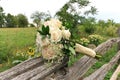 Bouquet of White and Pink Roses with Babys Breath on Split Rail Fence in Farm Field Royalty Free Stock Photo