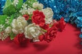 Bouquet of white and red roses on a red background Royalty Free Stock Photo