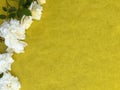 Bouquet of white roses on part of yellow background. Wedding mockup. Copy space. Top view