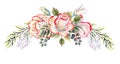 A bouquet of white roses with a pink edge, leaves, berries, decorative twigs. Watercolor illustrations for the design of