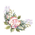 A bouquet of white roses with a pink edge, leaves, berries, decorative twigs. Watercolor illustrations for the design of