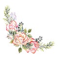 A bouquet of white roses with a pink edge, leaves, berries, decorative twigs. Watercolor illustrations for the design of