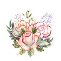 A bouquet of white roses with a pink edge, leaves, berries, decorative twigs. Watercolor illustrations for the design of