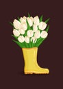 Bouquet of white tulips flowers in rubber boot. Spring composition for women's day, mother's day, easter and Royalty Free Stock Photo