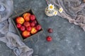 Bouquet of wild flowers chamomile with fruits of nectarines and plums in the wooden box Royalty Free Stock Photo