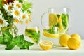 Bouquet of wild flowers and fresh lemonade, sassy water. Vitamins concept. Strengthening immunity concept. Summer mood