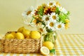 Bouquet of wild flowers and fresh lemonade, sassy water. Vitamins concept. Strengthening immunity concept. Summer mood