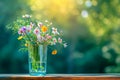 Bouquet of wild flowers on the table in a glass vase. Selective focus. Copy space Royalty Free Stock Photo