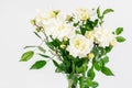 Bouquet of wild white roses in the glass vase on the white background. Nice gift for Happy Mother`s Day or any anniversary Royalty Free Stock Photo