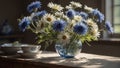 Bouquet of wildflowers with a cup of porcelain in the kitchen by the window.